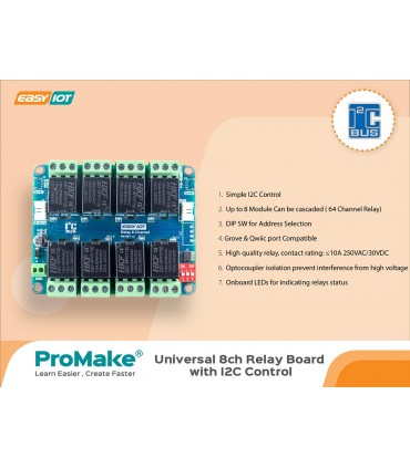 برد رله هشت کانال با کنترل I2C پرومیک ProMake Universal 8ch Relay Board with I2C Control easyiot - دانشجو کیت